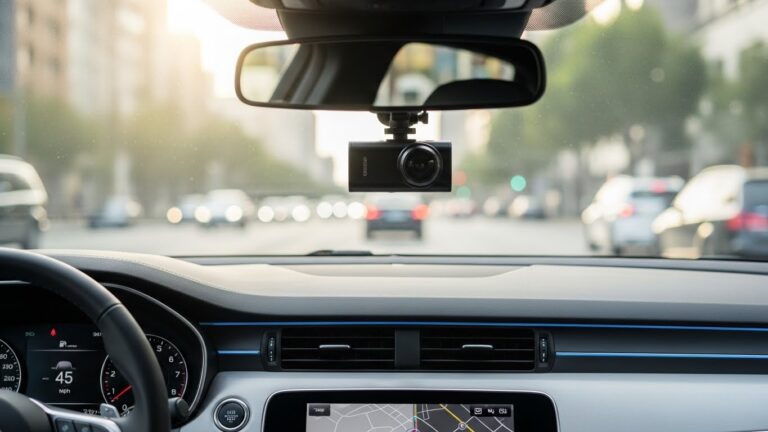 Dash cam mounted on car windshield capturing road while driving