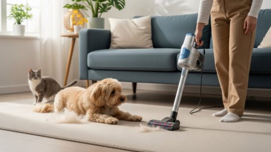 Cordless vacuum cleaning pet hair from carpet in a modern living room