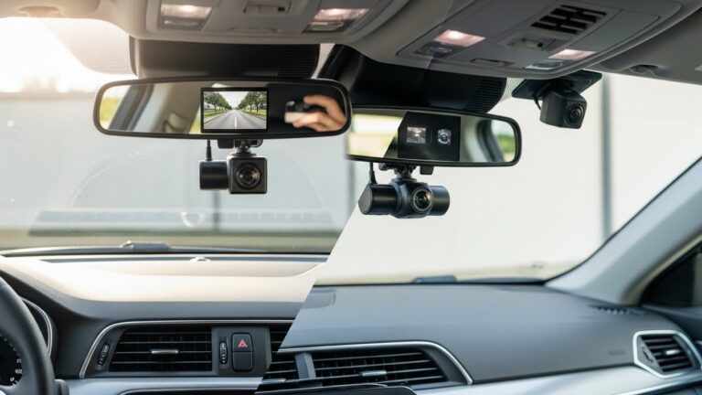 Split-view comparison of single vs dual dash cams inside a car