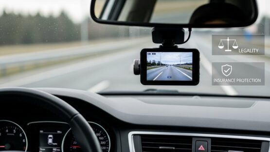 Dash cam on car dashboard with legal and insurance icons