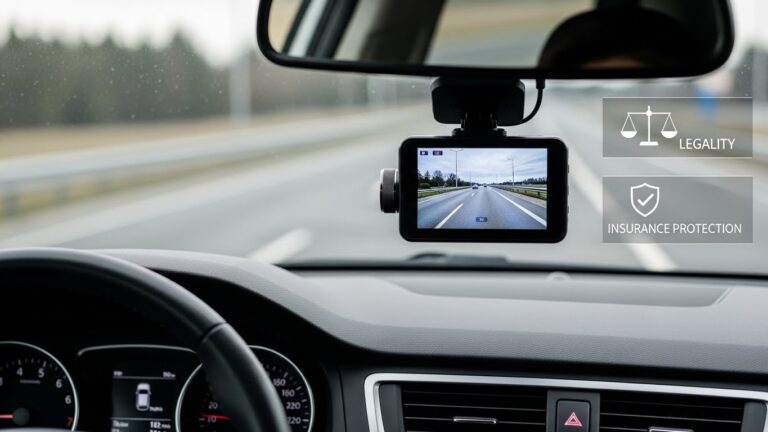 Dash cam on car dashboard with legal and insurance icons