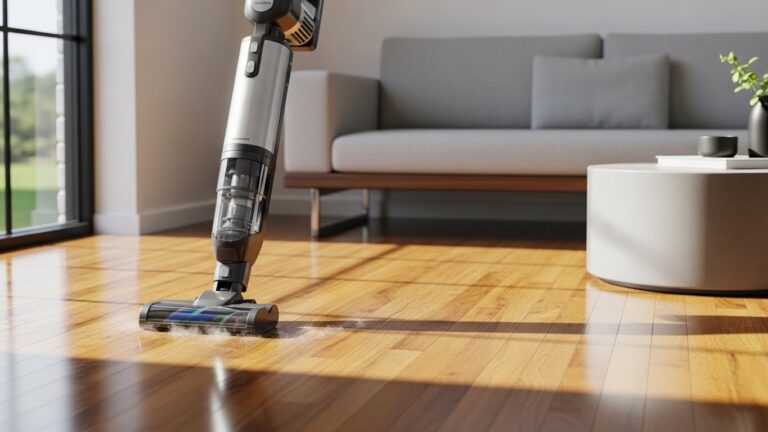 Cordless vacuum cleaning hardwood floors in modern living room