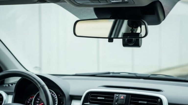 Compact dash cam mounted on small car windshield