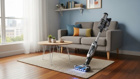 Small cordless vacuum cleaning hardwood floor in compact apartment studio