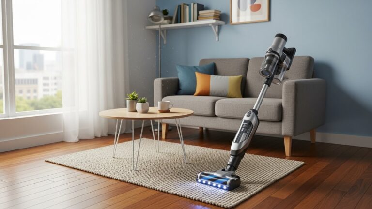 Small cordless vacuum cleaning hardwood floor in compact apartment studio