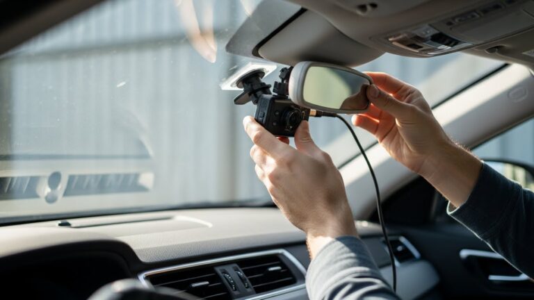 Hands installing a dash cam on car windshield